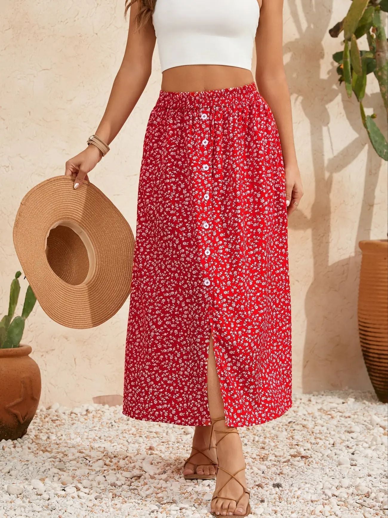 European And American Printed Breasted Self-tie Summer Pastoral A- Line Skirt Advanced Skirt Grayceful LLC
