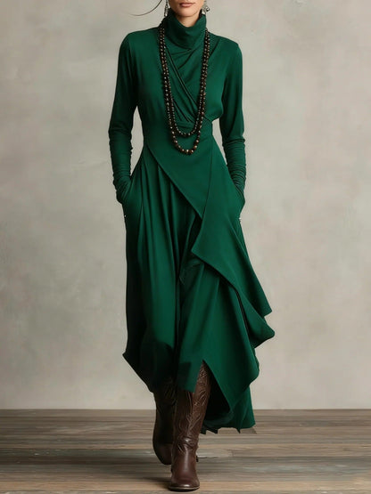 Women's Cross-Wrap High-Neck Long-Sleeve Maxi Dress FitiqueFit