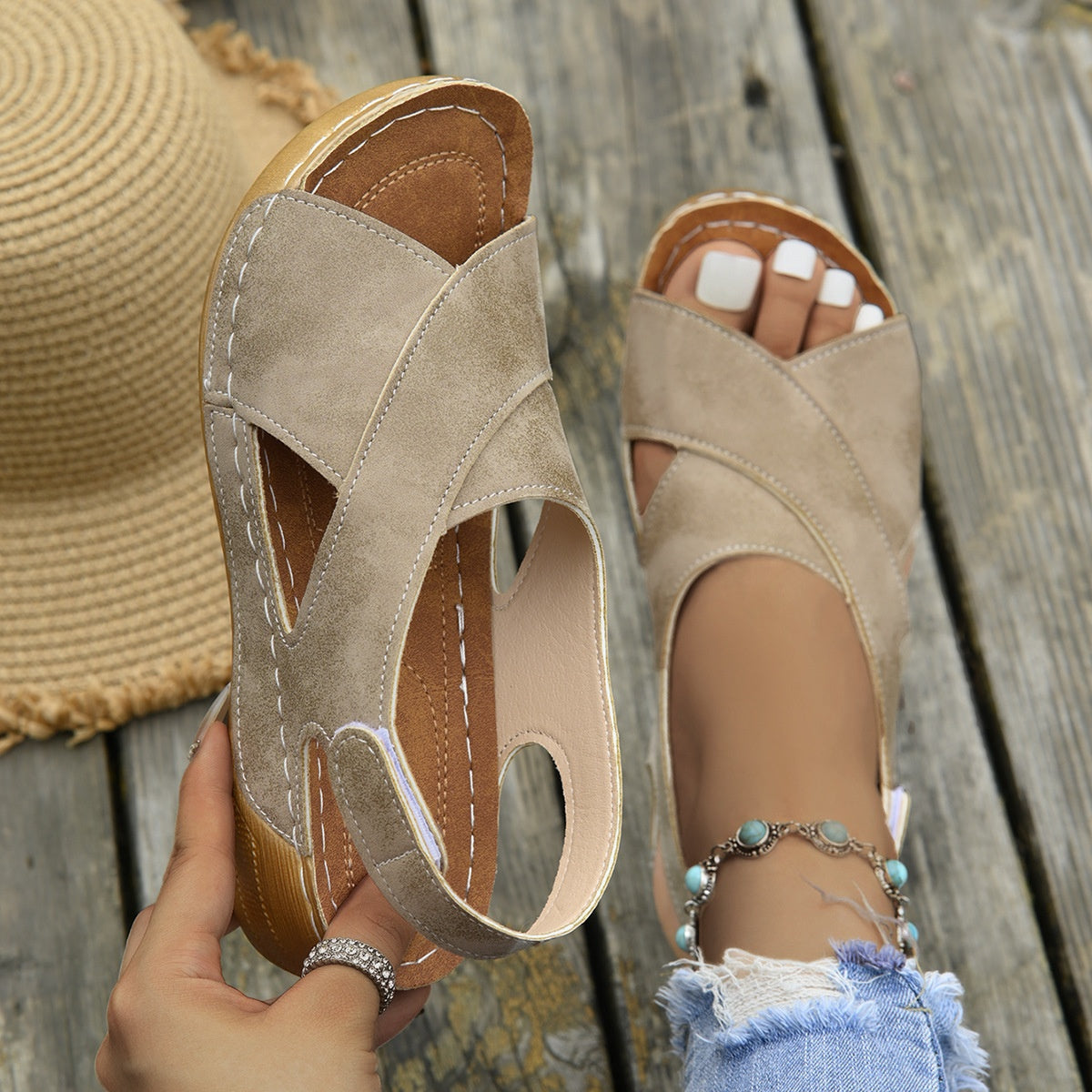 Women's Platform Roman Sandals | Open Toe Velcro Beach Sandals FitiqueFit
