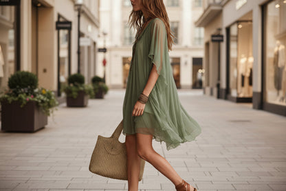 Women's V-Neck Chiffon Batwing Sleeve Boho Resort Dress FitiqueFit