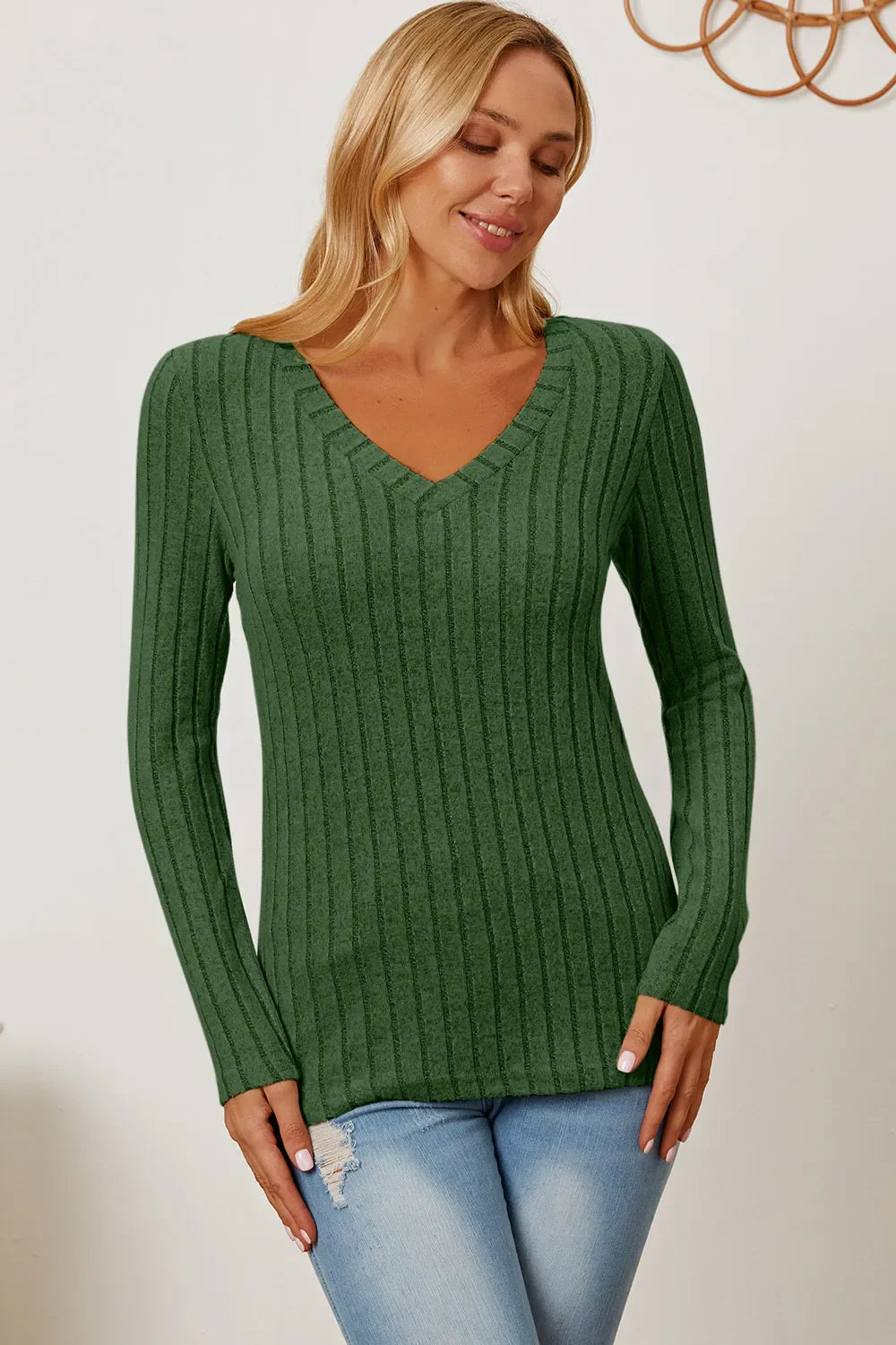 Basic Bae Full Size Ribbed V-Neck Long Sleeve T-Shirt New Era Fashion LLc
