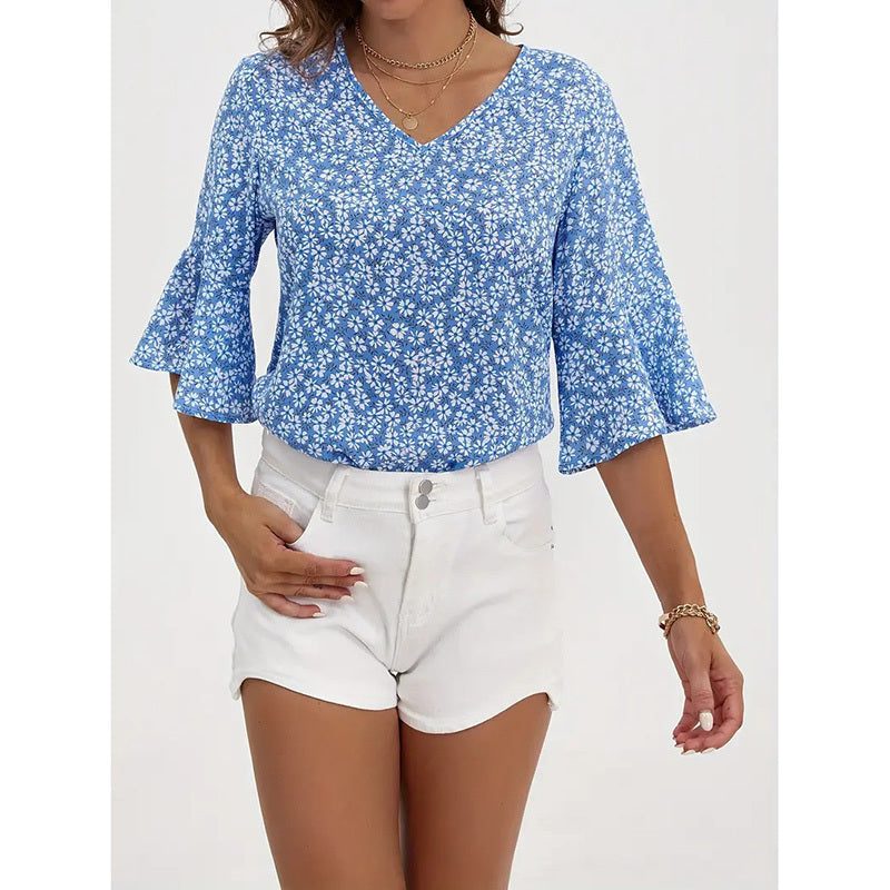 Womens Summer Floral Print Blouses V-Neck Flare Sleeve Tops FitiqueFit