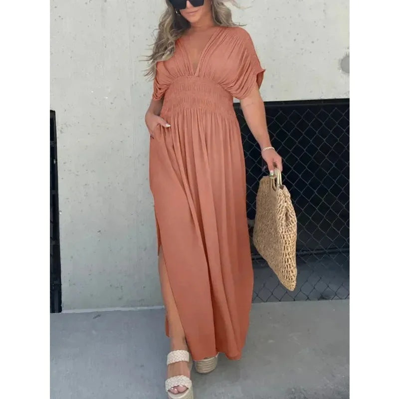 Bat-sleeved V-neck Slit  Elastic Waist Long Dress Grayceful LLC