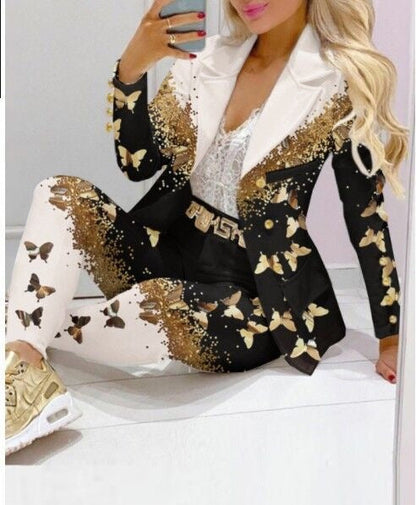 Women's Printed Coat & Trousers Two-Piece Set – 19 Prints, Casual Fashion Suit FitiqueFit