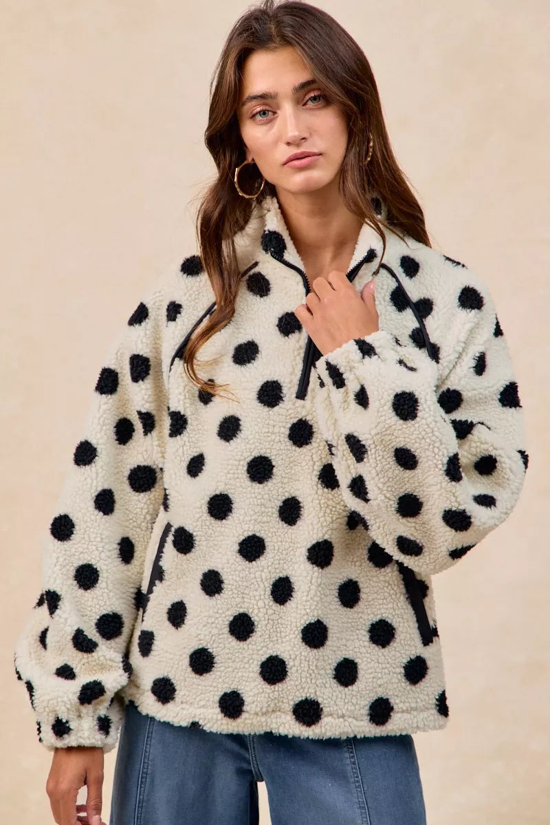 BiBi Polka Dot Sherpa Half Zip Up Top with Side Pocket FitiqueFit