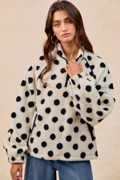BiBi Polka Dot Sherpa Half Zip Up Top with Side Pocket FitiqueFit