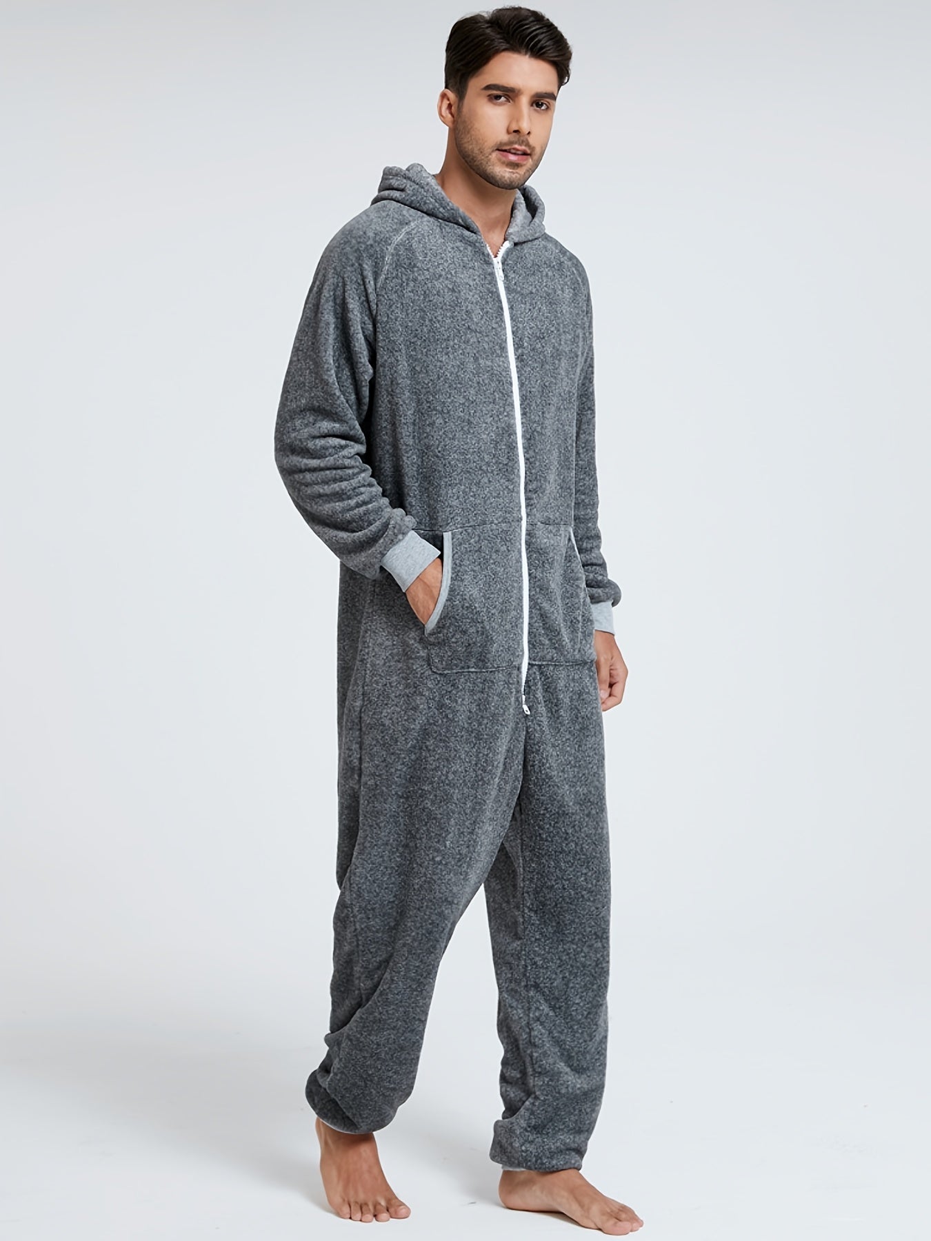 Men'S Heavy-Duty Full-Zip Hooded Onesie - Long Sleeve Winter Sleepwear with Drawstring Hood, Loose Fit Onesie for Cold Weather, Christmas Costume & Everyday Indoor/Outdoor Use - Easy Zipper Closure, Indoor Loungewear, Plush, NovaCart