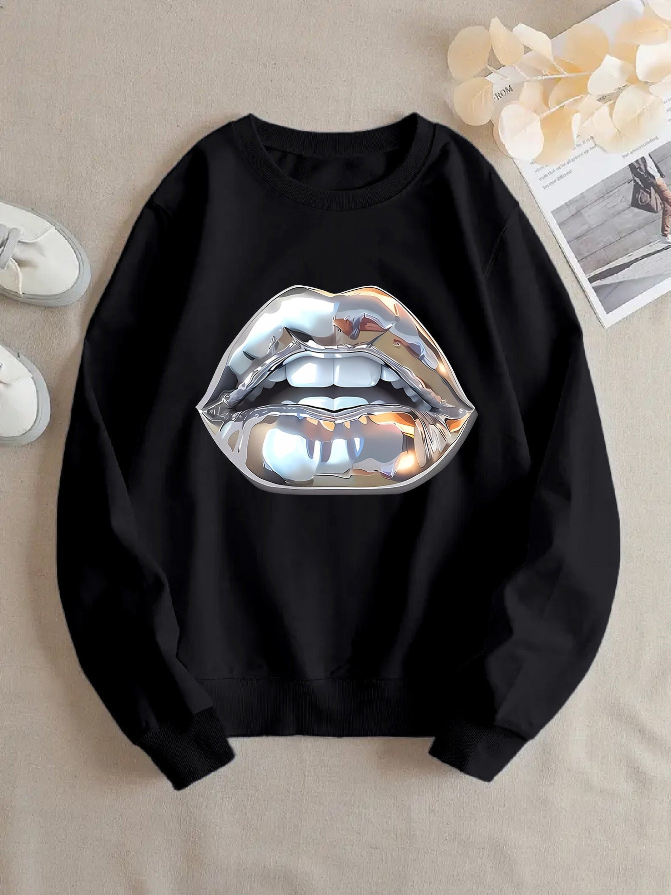 Womens Cartoon Silver Lip-Printed Sweatshirt See size chart under “more details” The Fashion Celestial