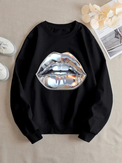 Womens Cartoon Silver Lip-Printed Sweatshirt See size chart under “more details” The Fashion Celestial