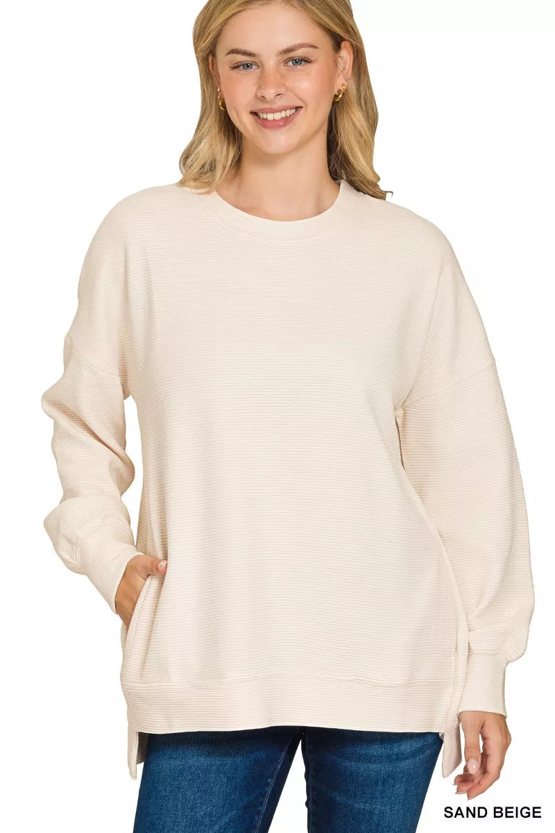 Zenana Full Size Acid Washed Double Ribbed Hi-low Sweatshirt Plus Size Garden Naked Curves