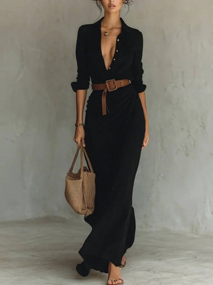Women's Elegant Belted Irregular Ruffle Long Dress – Slim Waist FitiqueFit
