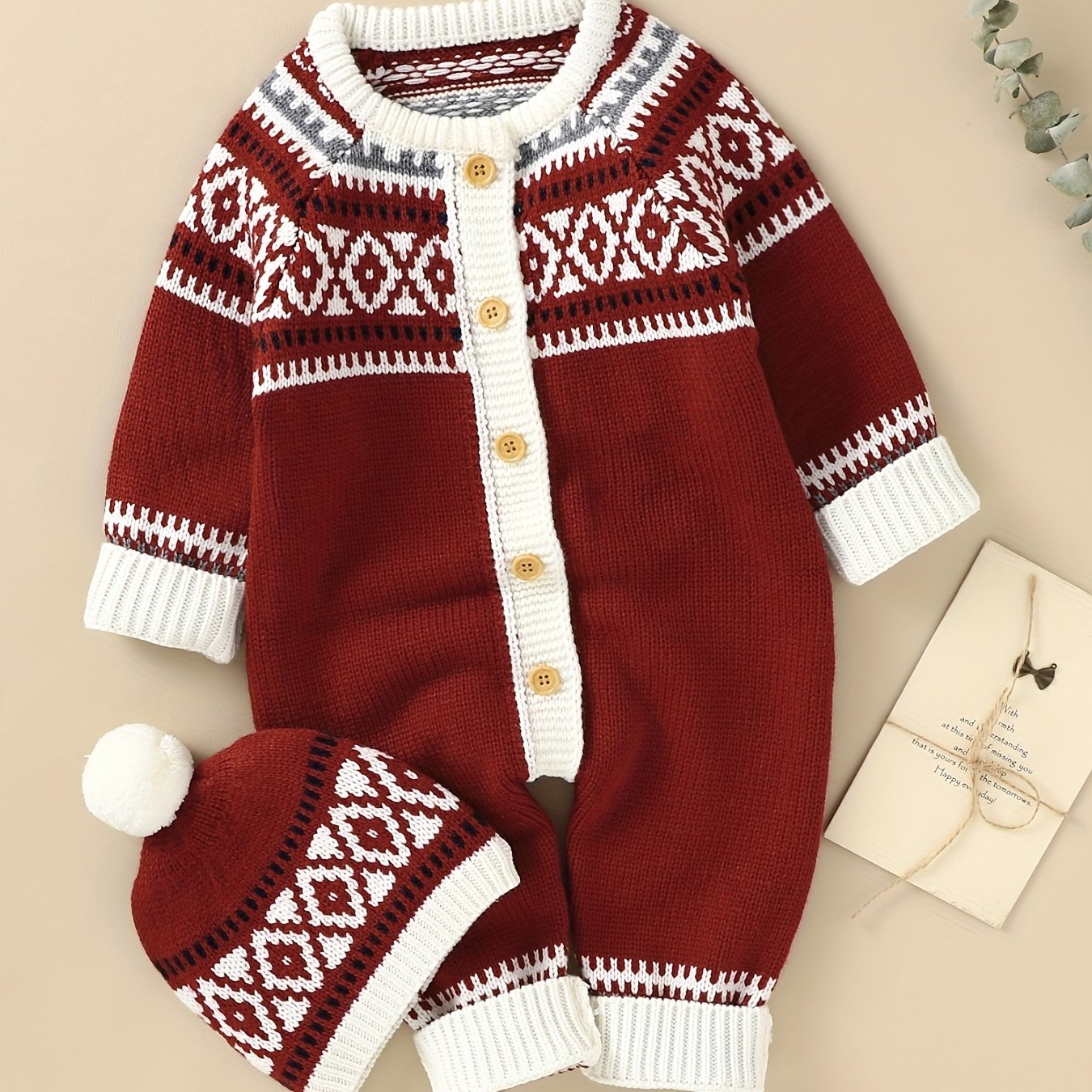 Newborn Infant Geometric Pattern Sweater Romper Long Sleeve Button Jumpsuit & Hat For Toddler Baby Boys And Girls, Suitable For Indoor And Outdoor Wear NovaCart