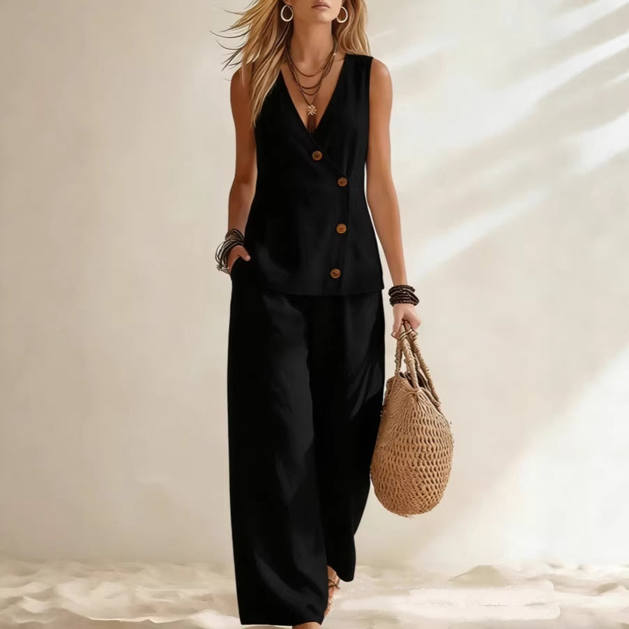 Women's Button-Up Cardigan Vest & Pants Set – Sleeveless Two-Piece FitiqueFit
