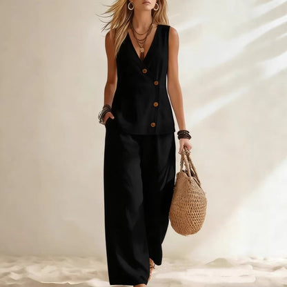 Women's Button-Up Cardigan Vest & Pants Set – Sleeveless Two-Piece FitiqueFit