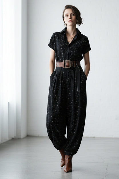 Notched Lapel Wide-Leg Checkered Jumpsuit for Women FitiqueFit