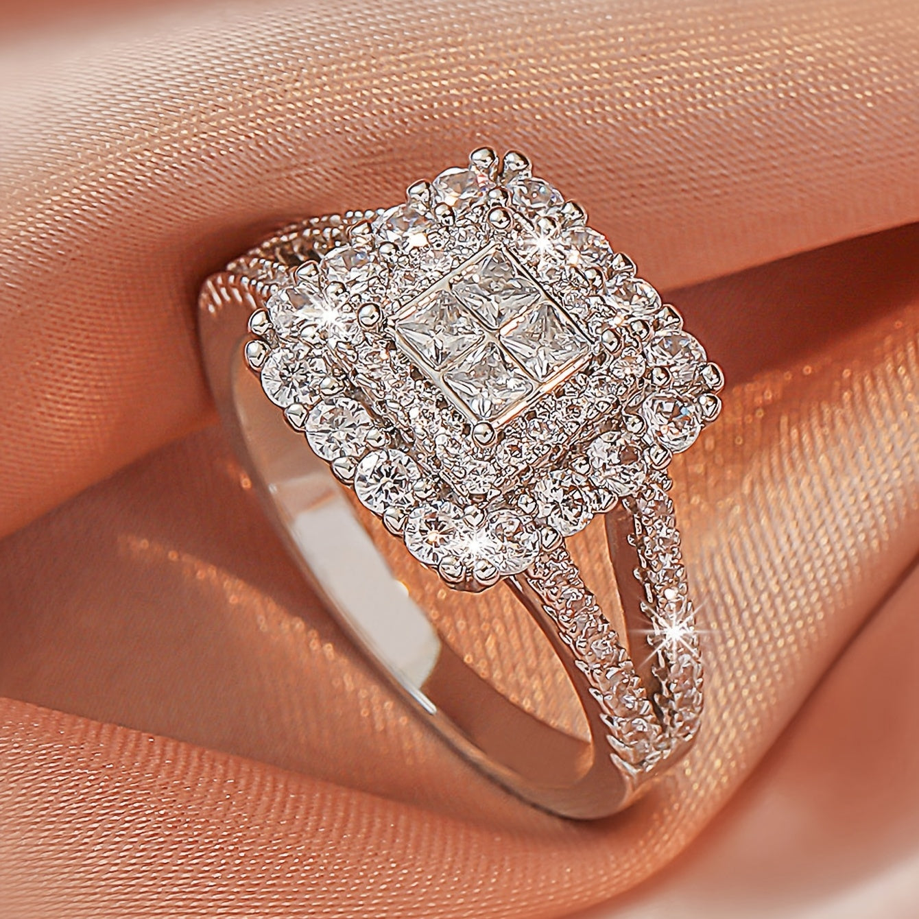 Large multi row white Synthetic Zirconia, fashionable, stylish, and atmospheric. Couples, lovers, gifts, wedding rings, Holiday Accessories, Couple Jewelry, Elegant Rings, Stylish Jewelry, Plated Rings, Highquality Finish, St NovaCart