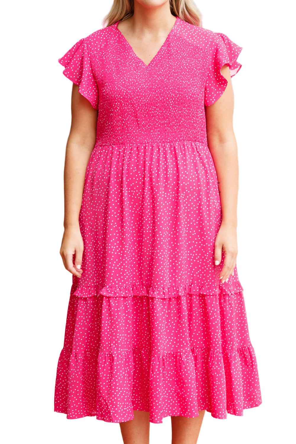 Rose Polka Dot Print Ruffled Smocked High Waist Plus Midi Dress Garden Naked Curves