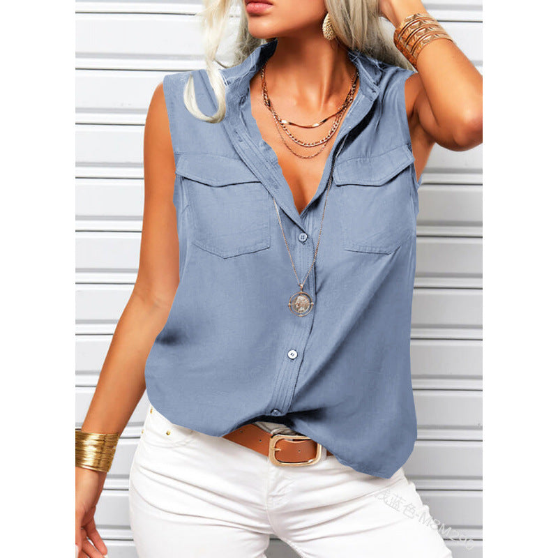 Women's Lapel Collar Sleeveless Top – Loose Fit, Pockets, Solid Color FitiqueFit