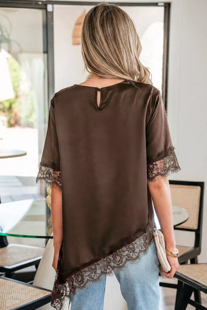 Asymmetric Lace Trim Short Sleeve Satin Top New Era Fashion LLc