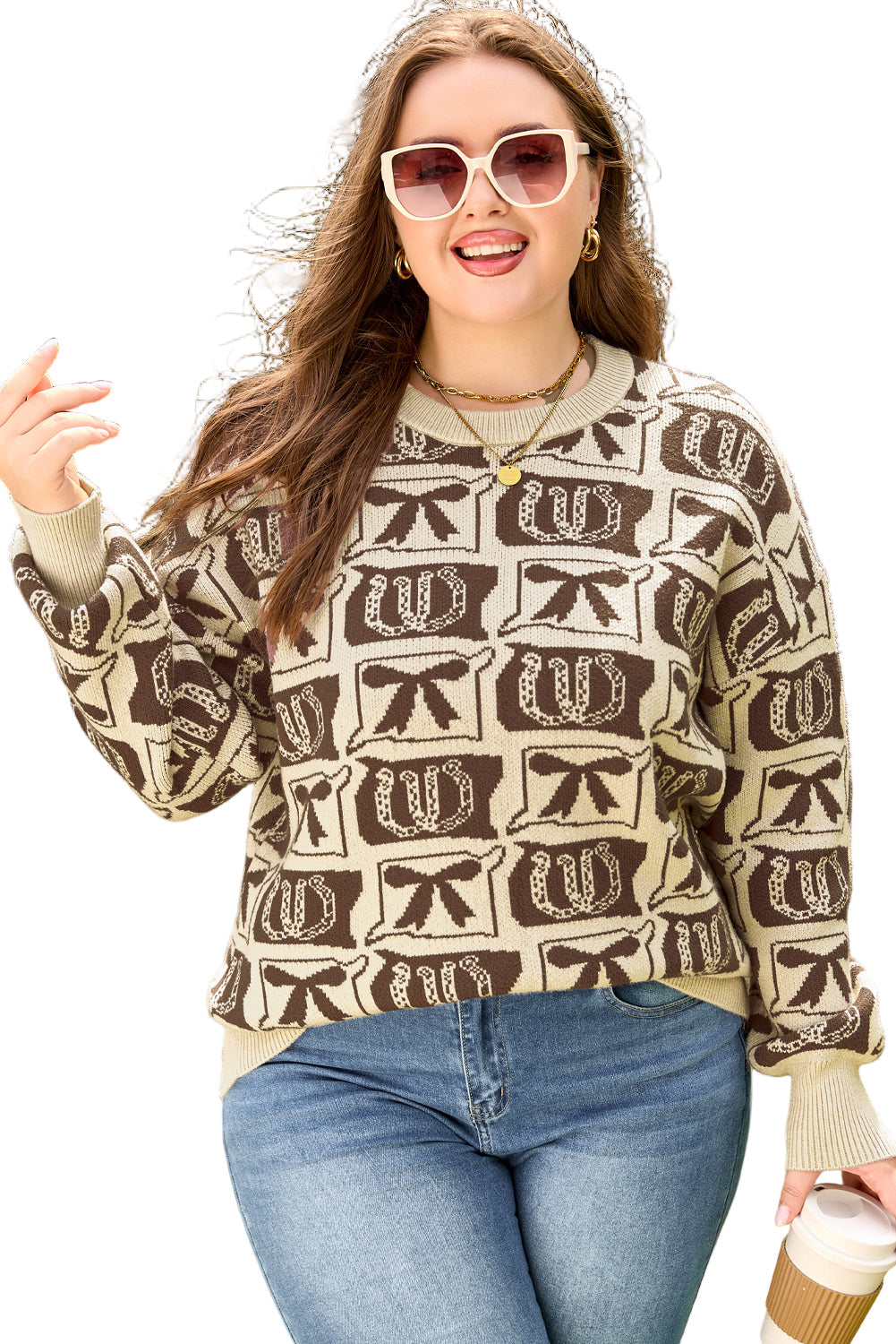 Brown Bow Horseshoe Print Checkered Plus Size Sweater Garden Naked Curves