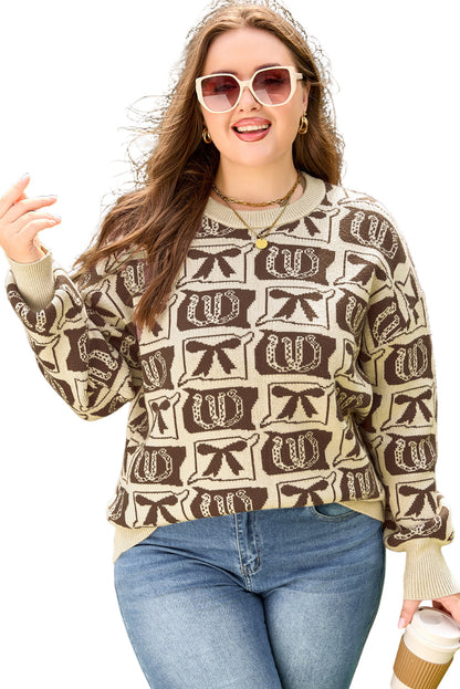 Brown Bow Horseshoe Print Checkered Plus Size Sweater Garden Naked Curves