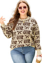 Brown Bow Horseshoe Print Checkered Plus Size Sweater Garden Naked Curves