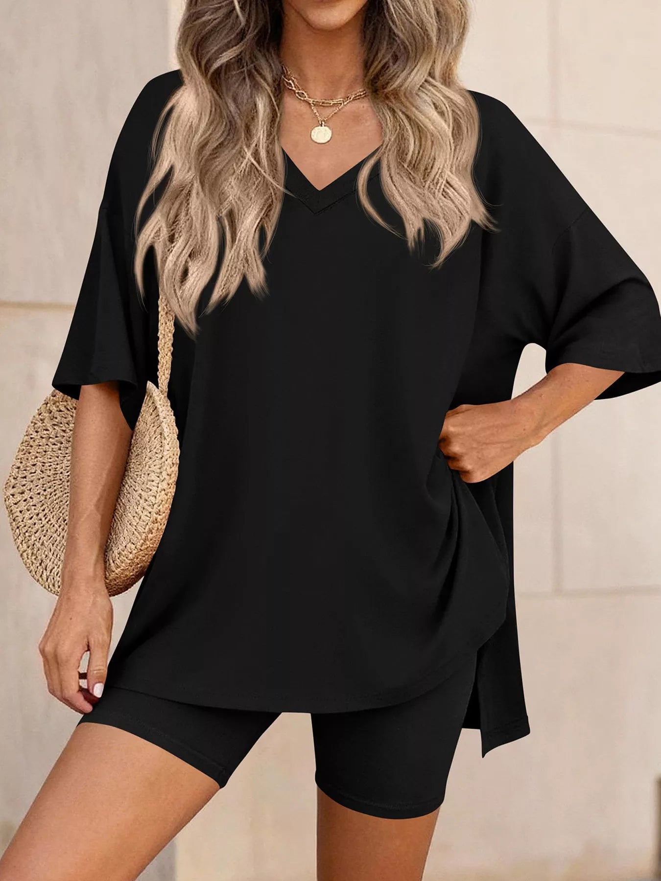 Full Size Casual Loose V-Neck T-Shirt & Shorts Set Plus Size New Era Fashion LLc