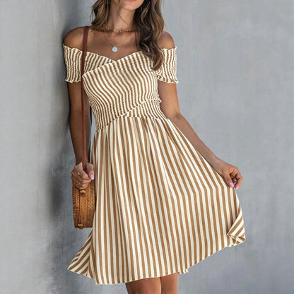 Women's Off-Shoulder Striped Waist-Cinching Midi Dress FitiqueFit