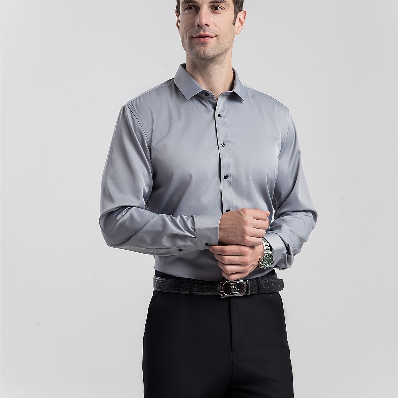Men'S Stretch Slim-Fit Formal Shirt Without Pockets, Light Business Turn- Collar Long-Sleeved Shirt, Men'S Business Shirt, Wrinkle-Resistant And Durable Solid Color Formal Long-Sleeved Shirt with Buttons And Pockets, Suitable NovaCart