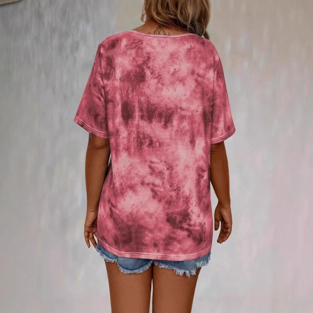 Women's Tie-Dye Print Drawstring T-Shirt – Loose Fit, Short Sleeve, Casual FitiqueFit