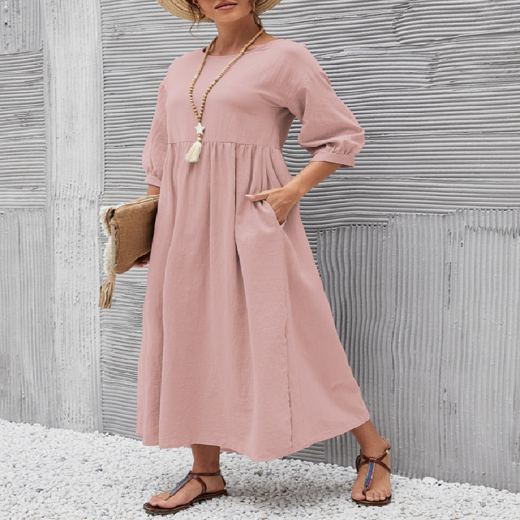 Women's Cotton Round Neck A-line Skirt Dress Grayceful LLC