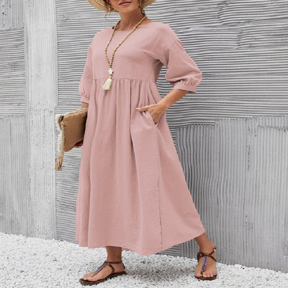 Women's Cotton Round Neck A-line Skirt Dress Grayceful LLC