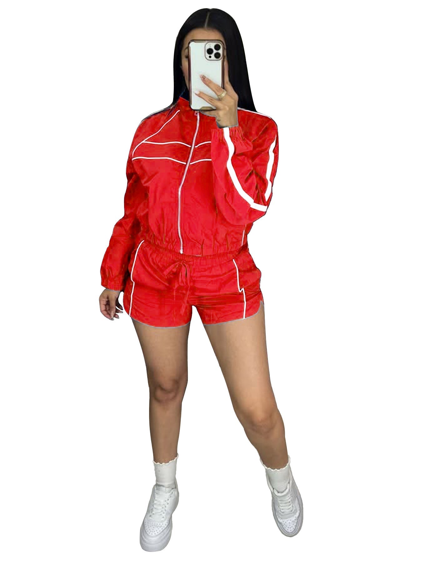 Zippered Contrast-Color Webbing Shorts Womens Two-Piece Set New Era Fashion LLc
