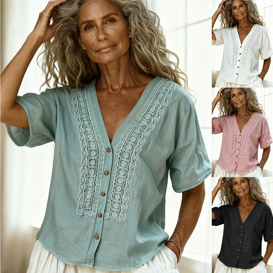 Women's Loose-Fit Faux Linen Embroidered Button-Up Top FitiqueFit