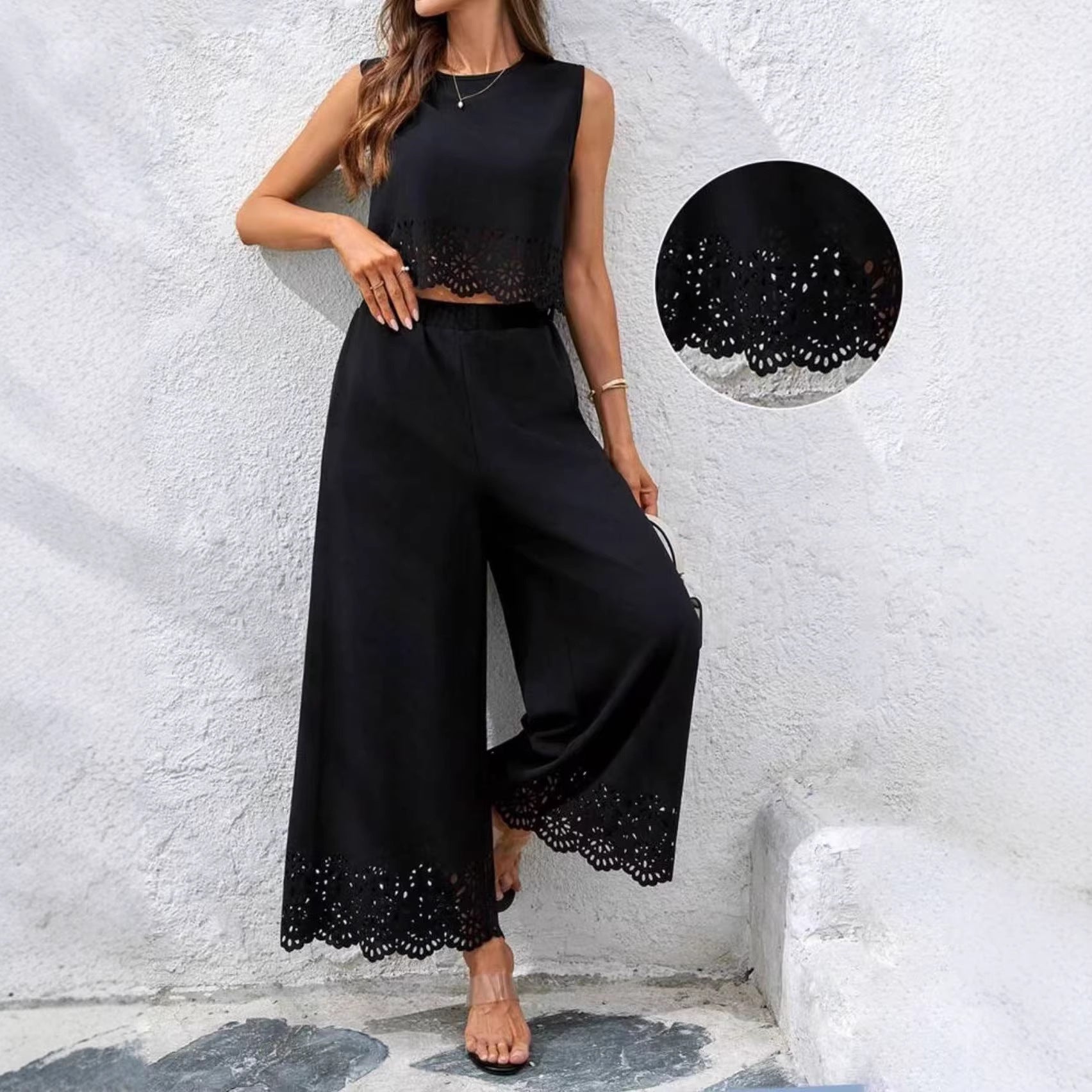 Women's Resort-Style Hollow-Out Tank Top & Pants Set – 2-Piece with Pockets FitiqueFit