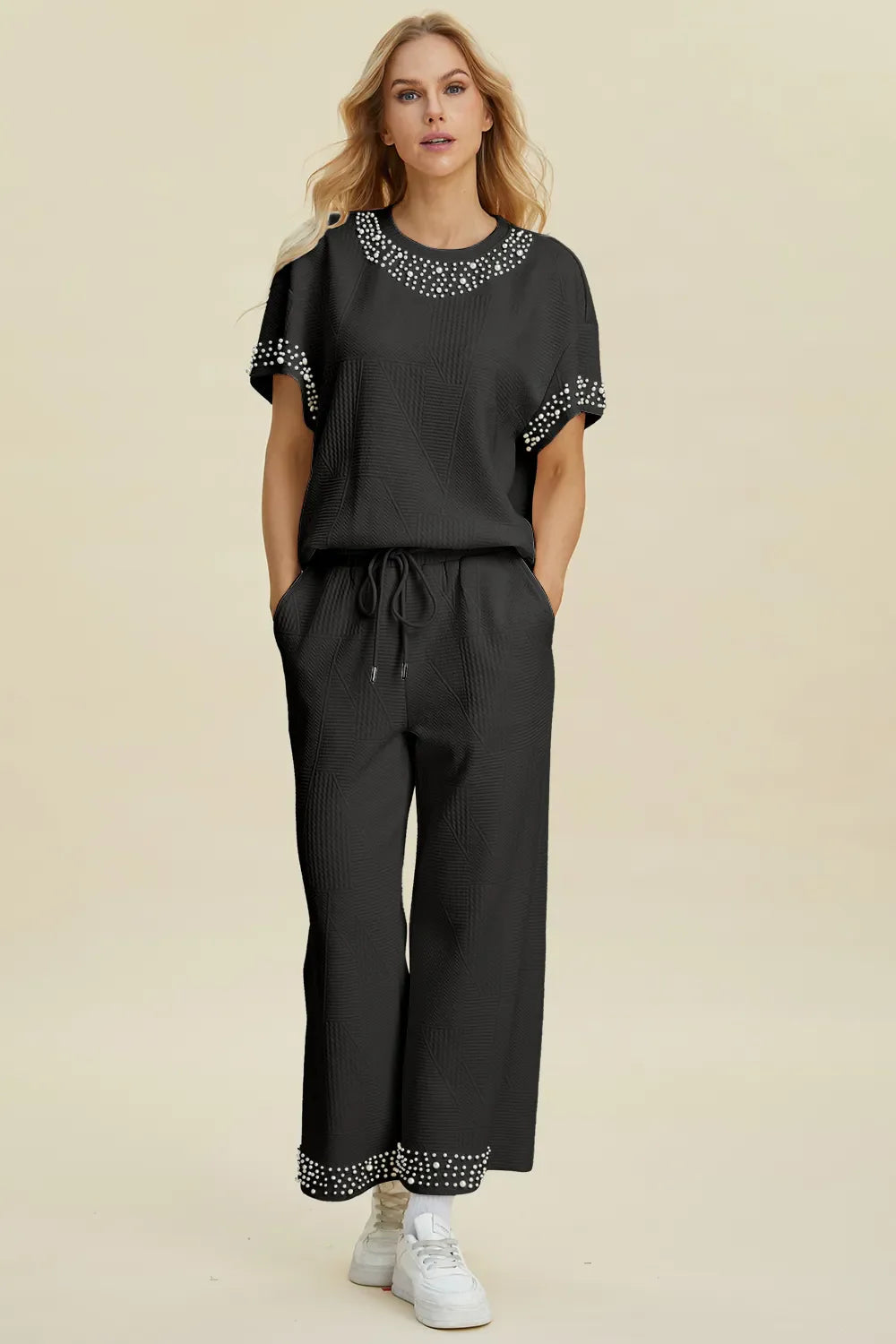 Double Take Full Size Pearl Detail Round Neck Top and Pants Set West2East Surf