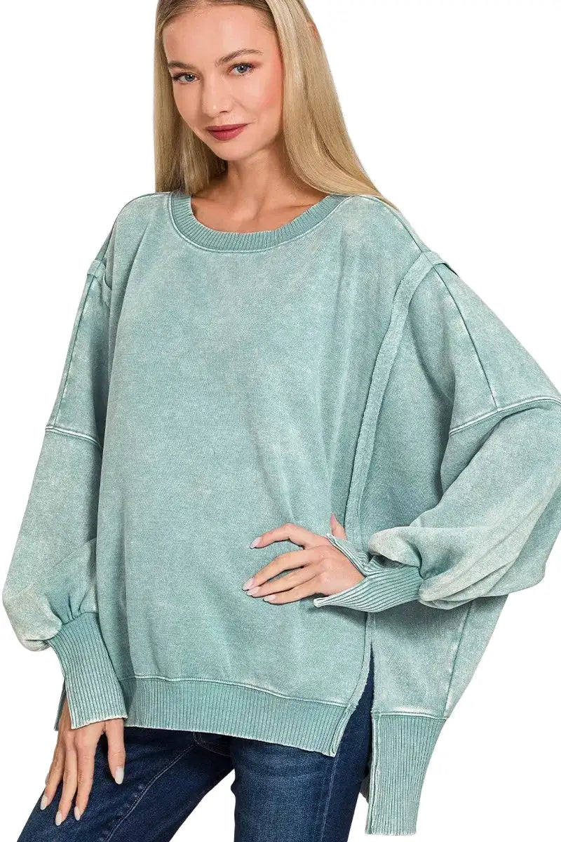 Zenana Acid Washed Batwing Sleeve Fleece Sweatshirt West2East Surf