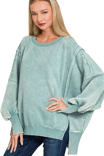 Zenana Acid Washed Batwing Sleeve Fleece Sweatshirt West2East Surf