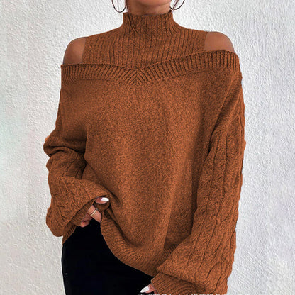 Women's Cold Shoulder Sweater - High Neck Cut Out Pullover Long Sleeve FitiqueFit