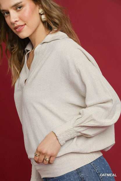 Umgee Linen Long Sleeves Elastic Hem Blouse West2East Surf