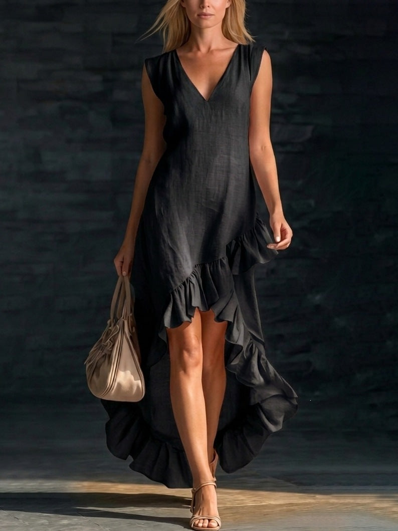 Sleeveless V-Neck Ruffle Hem Maxi Dress – Women's Cotton Linen FitiqueFit