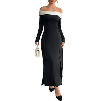 Female One Shoulder Patchwork Slim Long Dress Grayceful LLC