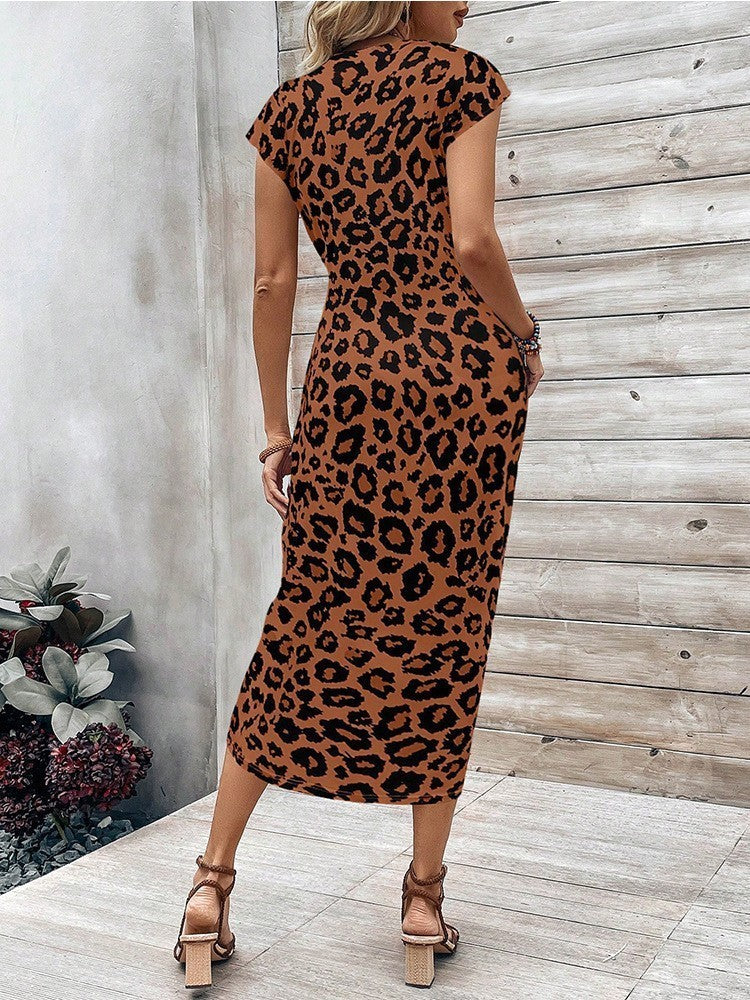 Elegant Waist Strap Striped Round Neck Short Sleeve And Long Pattern Dress Grayceful LLC