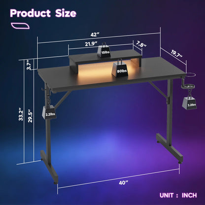 42" PC Computer Gaming Desk with LED Lights & Monitor Stand & Headphone Hook & Cup Holder, Black