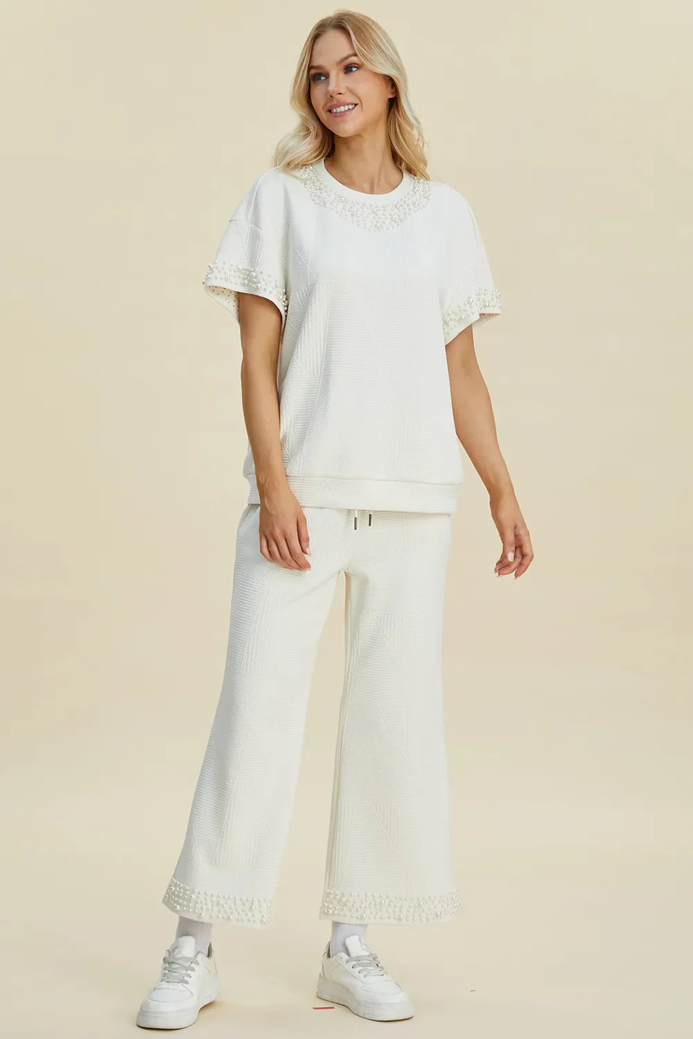 Double Take Full Size Pearl Detail Round Neck Top and Pants Set West2East Surf