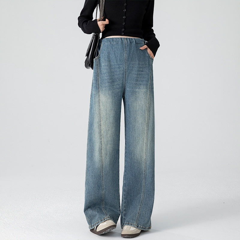 Retro Loose Straight-Leg High-Waist Floor-Length Wide-Leg Maternity Jeans FitiqueFit