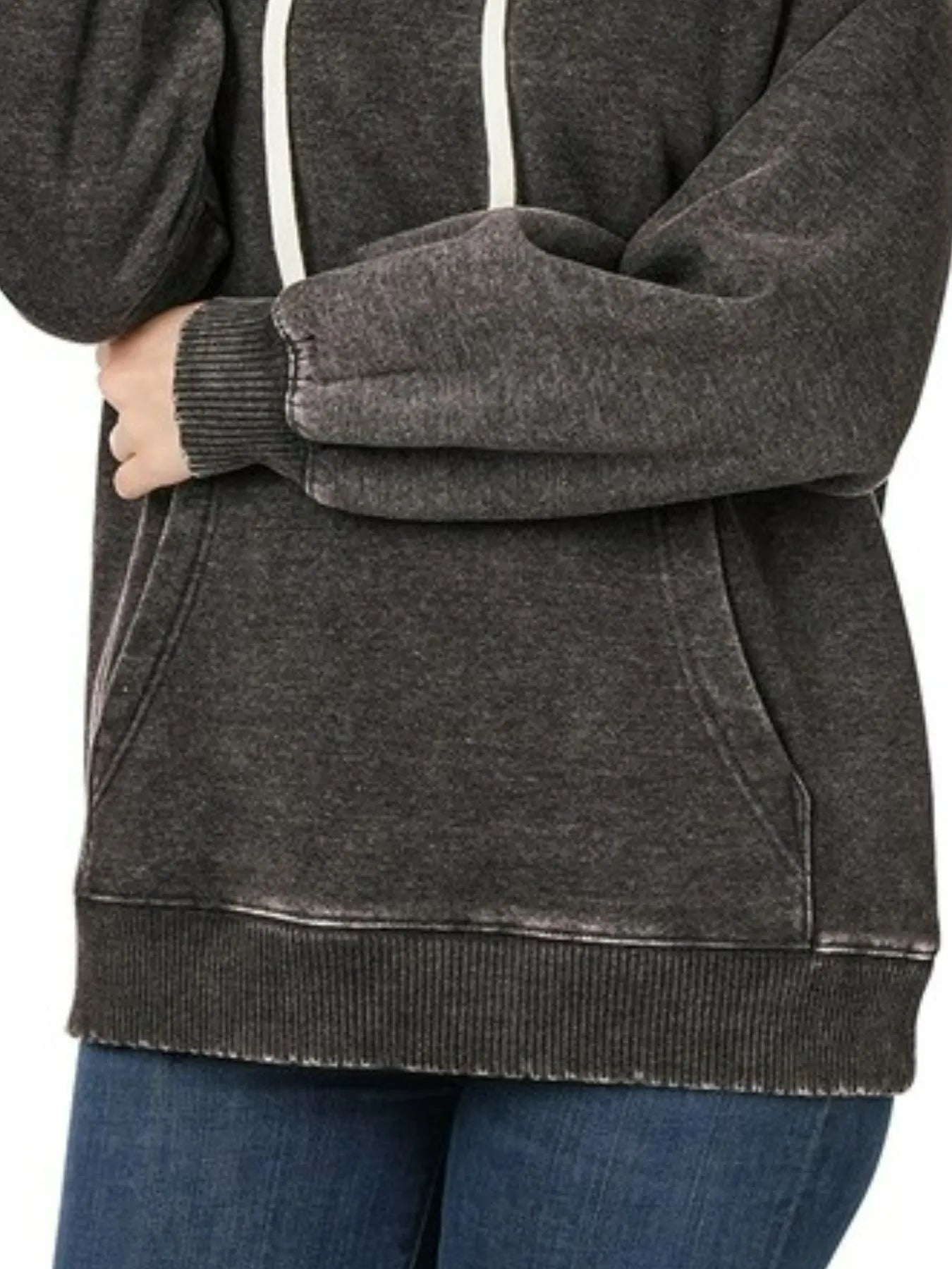 Zenana Acid Wash Fleece Hoodie with Drawstring West2East Surf