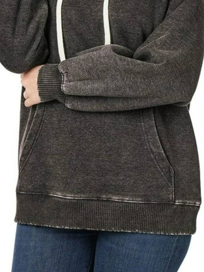 Zenana Acid Wash Fleece Hoodie with Drawstring West2East Surf