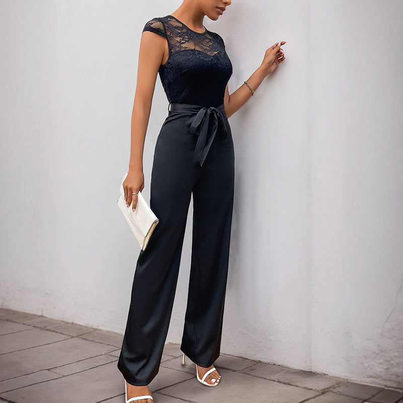 Lace Stitching Sleeveless Jumpsuit High Waist Grayceful LLC