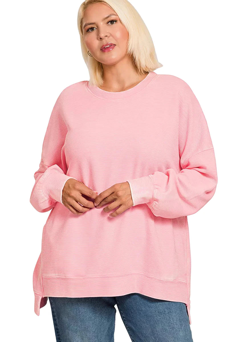 Zenana Full Size Acid Washed Double Ribbed Hi-low Sweatshirt Plus Size Garden Naked Curves